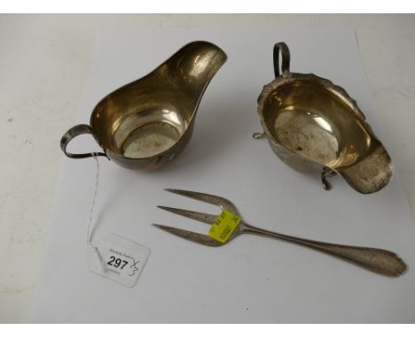 Pair of silver hallmarked sauce boats, +/- 196 grams and hallmarked toasting fork, +/- 68 grams