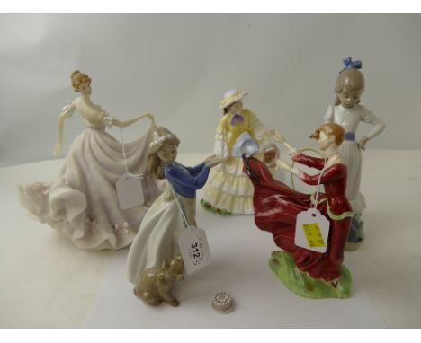 Five figurines, Royal Doulton Fiona, Coalport Strawberry Fayre, Nao figures etc