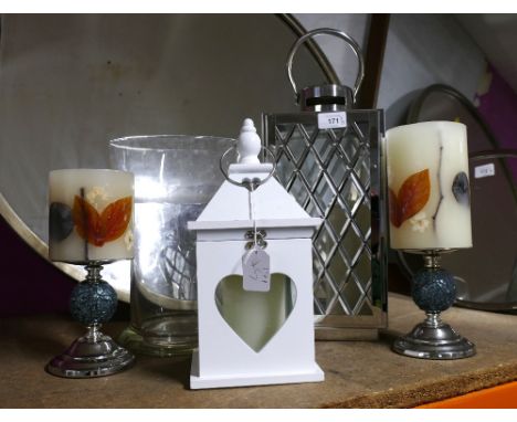 Five decorative household items, candle lantern and candleholders etc