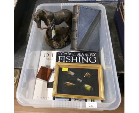 Pony figure, fly fishing book, Princess Diana book, framed fishing flies, hip flask etc