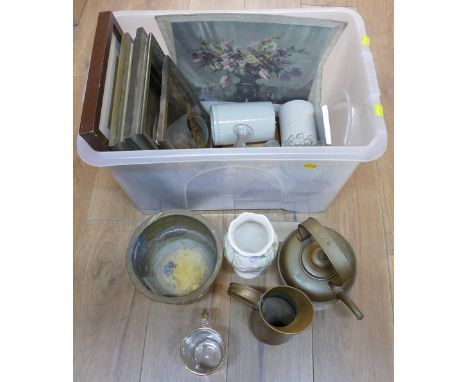 Box of pictures, kettle, brassware, glassware etc