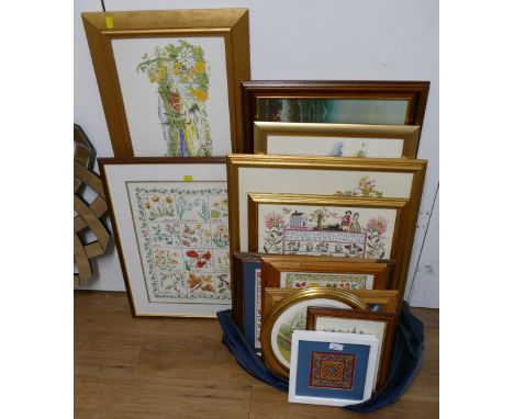 Large collection of embroidered needle point tapestry pictures