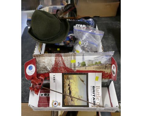 Paul Cummins ceramic poppy, German felt hat, Star Wars bag, quantity of World War Two plastic miniature figures, bowties, hip