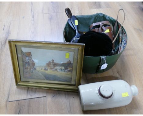 Vintage hat box, picture, stoneware hot water bottle, binoculars, dressing table mirrors etc