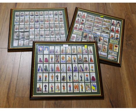 Three framed Wills and Players cigarette card sets, Royalty, military leaders etc