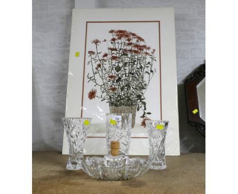 Mounted limited edition print, still life of flowers by Elaine Sconel, and glass vases, dishes, trinkets etc