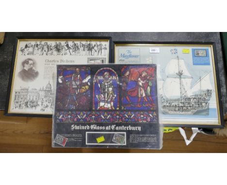 Framed print of the May Flower ship, framed Charles Dickins Literary Anniversaries stamp set and stained glass Canterbury sta
