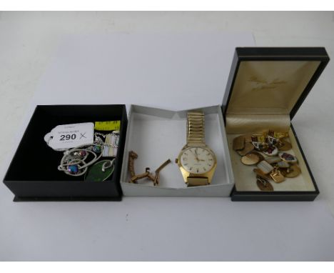 Sekonda wristwatch, watch strap parts, box of cufflinks, Celtic inspired brooch and necklace set