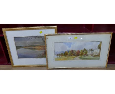 Pastel lake drawing and lakeside country manor watercolour