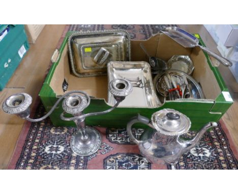 Box of plated ware, including serving dishes, candelabra, cutlery, teapot etc