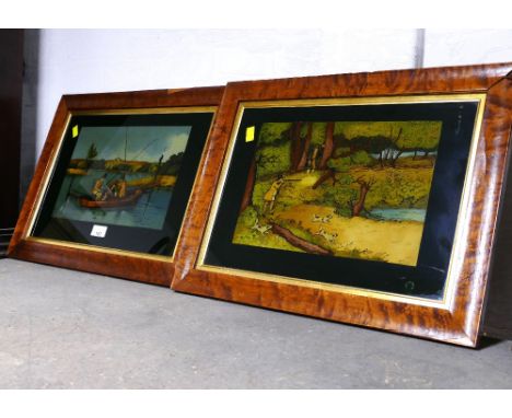 Pair of painted glass pictures, hunting and fishing scenes in matching frames