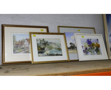 Four pictures and prints, watercolour of Norfolk fields signed Stewart and limited edition print Oast House and Kent Cottage 