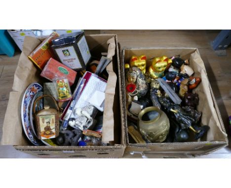 Two boxes of Chinese figurines, ornaments, plates etc