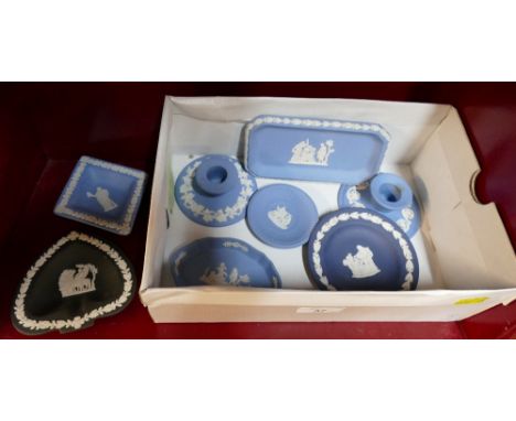 Wedgwood Jasperware, candlestick', black heart shaped dish etc