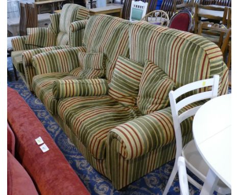 Modern striped two seater settee and similar armchair