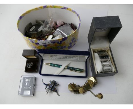 Box of costume jewellery,&nbsp; Accurist ladies wristwatch, D&amp;K watch in box, Fiordland New Zealand boxed pen, quantity o