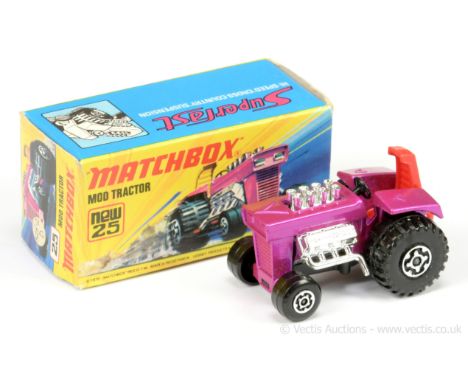 Matchbox Superfast 25b Mod Tractor - metallic candy pink body without rear headlamps cast, rare red seat, matt black base, Ma