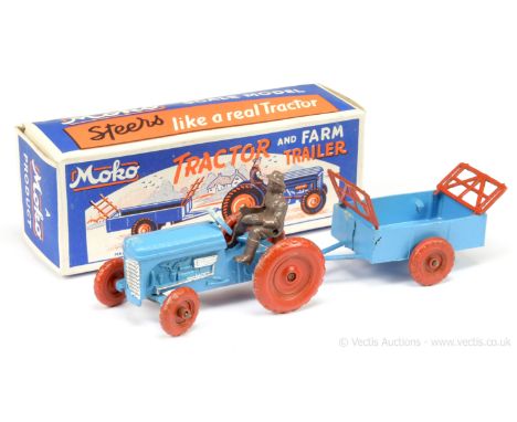 Matchbox early Moko Lesney Toys Tractor &amp; Farm Trailer - mid violet-blue body with silver trim, red metal wheels, taupe d