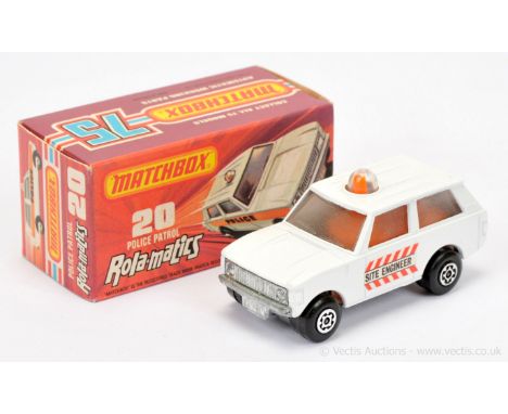 Matchbox Superfast 20b Range Rover Police Patrol - white body with "Site Engineer" door labels, clear frosted windows, orange