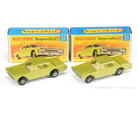 Matchbox Superfast 2 x 31a Lincoln Continental - both are metallic lime green body with high arches, bare metal base (1) 5-sp