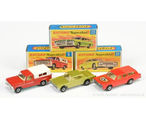Matchbox Superfast group of early 1970's issue American Cars. (1) 6a Ford Pick-up Truck - chrome grille, sea green base, holl
