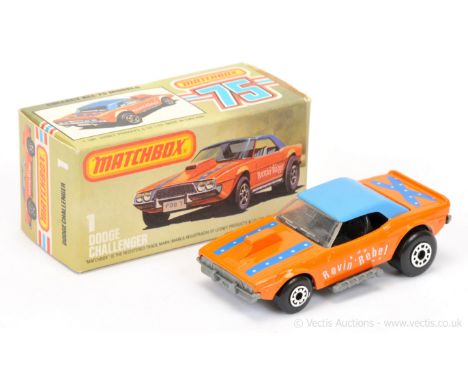 Matchbox Superfast 1d Dodge Challenger Revin' Rebel Dragster - orange body with blue &amp; white tampo print, blue plastic ro