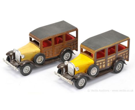 Matchbox Models of Yesteryear 2 x Y21 Ford Model A Woody Wagon factory Pre-production colour trial - both are chrome 24-spoke