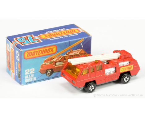 Matchbox Superfast 22c Blaze Buster Fire Engine - bright red body, rare white plastic ladder, dark amber windows, chrome inte