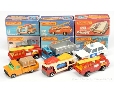 Matchbox Superfast group of late 1970's to early 1980's issue models. (1) 11c Bedford Car Transporter - red cab &amp; chassis