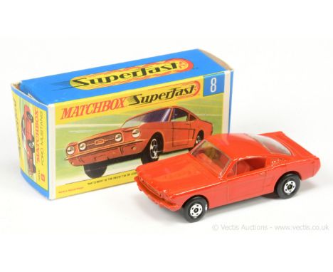 Matchbox Superfast 8a Ford Mustang - rare red body, red interior, gloss black base, 5-spoke wide wheels - Excellent Plus with
