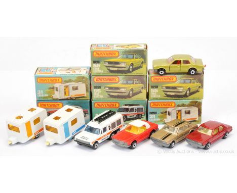 Matchbox Superfast group of Cars &amp; Caravans. (1) 6b Mercedes 350SL - bright red body with white plastic roof, pale amber 