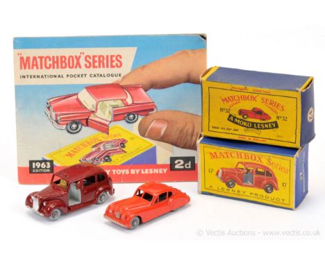 Matchbox Regular Wheels pair of Cars.  (1) 17c Austin Metropolitan Taxi - maroon body without rear silver trim, tan driver, l