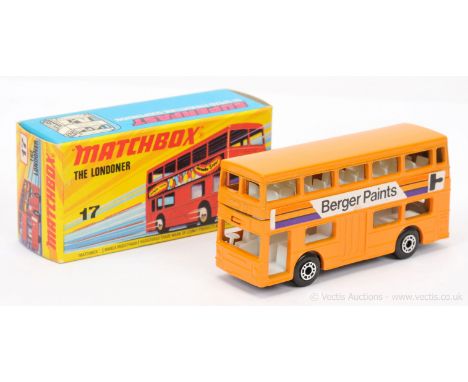 Matchbox Superfast 17b Daimler Fleetline Londoner Bus - orange body with "Berger Paints" labels, labels facing rear, metallic