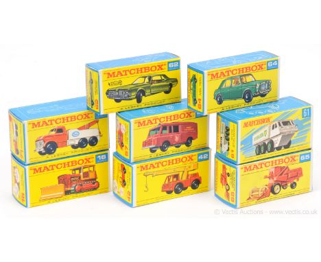 Matchbox Regular Wheels group of original empty boxes. Type F1 boxes for 16d Case Bulldozer, 57c Land Rover Fire, 62c Mercury