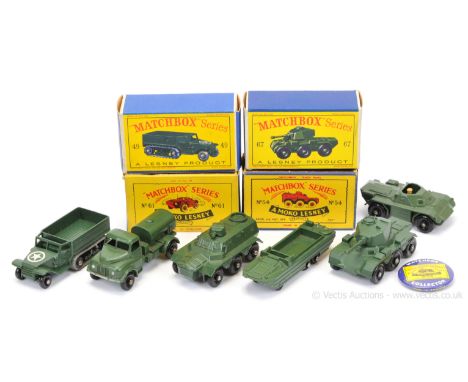 Matchbox Regular Wheels group of Military Vehicles.  (1) 49a US Army M3 Half Track - 36-tread black plastic wheels, small dia