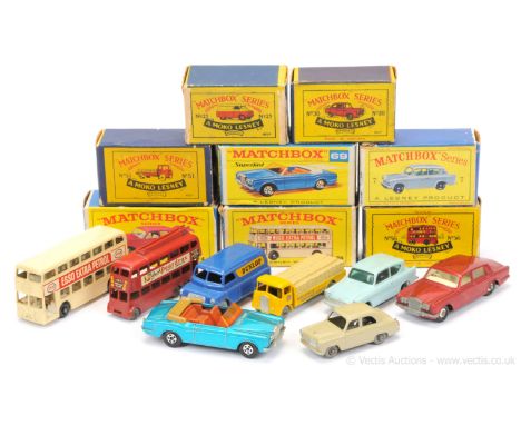 Matchbox Regular Wheels (1) 7b Ford Anglia with 36-tread black plastic wheels; (2) 25a Bedford CA Dunlop Van with metal wheel