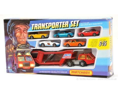 Matchbox Superfast G15 Car Transporter Gift Set containing (1) 1c Dodge Challenger - chrome interior, bare metal base; (2) 4c