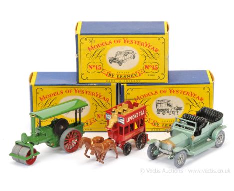 Matchbox Models of Yesteryear (1) Y11 Aveling &amp; Porter Steam Roller with black canopy supports; (2) Y12 Horse Drawn Londo
