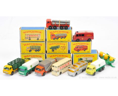 Matchbox Regular Wheels a group of mid to late 1960's issue mostly Commercial Vehicles. (1) 4d Dodge Stake Truck with dark gr