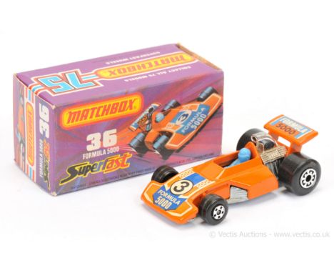 Matchbox Superfast 36c Formula 5000 Racing Car - orange body with racing number 3 labels, blue driver, bare metal base with r