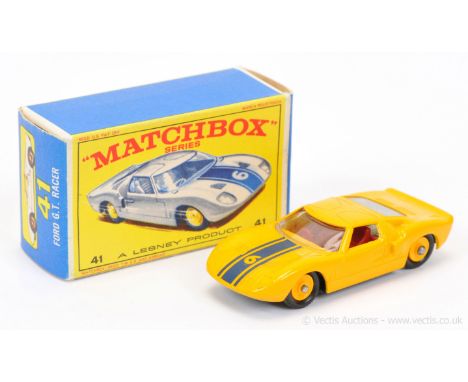 Matchbox Regular Wheels 41c Ford GT40 - rare yellow body with racing number 6 hood decal, maroon interior, gloss black base w