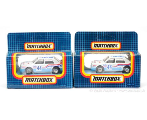 Matchbox Superfast 2 x MB44 Skoda 130LR Rally Car - both are white &amp; light blue body with red &amp; dark blue racing numb