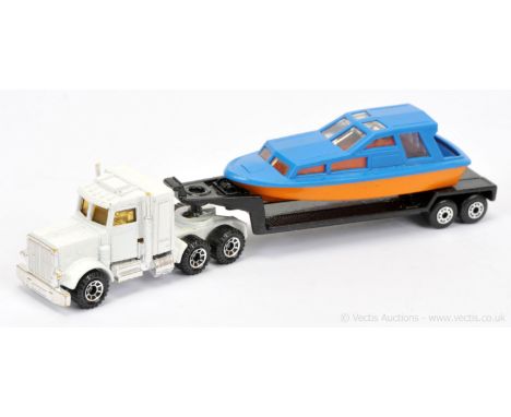 Matchbox Superfast twin pack TP26 Low Loader Trailer with Cabin Cruiser load factory Pre-production colour trial - gloss blac