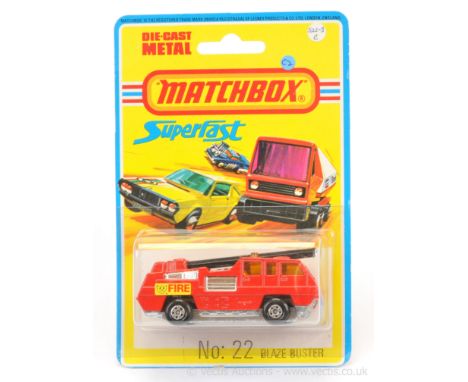 Matchbox Superfast 22c Blaze Buster Fire Engine - red body, rare black plastic ladder, dark amber windows, chrome interior, b