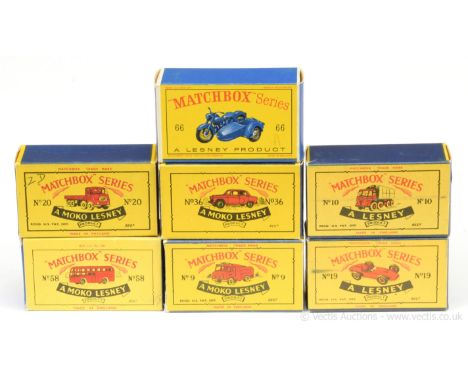 Matchbox Regular Wheels group of original empty boxes. Type B4 box for 36a Austin A50 Saloon; type B5 boxes for 9c Merryweath