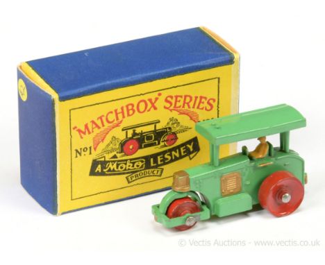 Matchbox Regular Wheels 1a Aveling Barford Diesel Road Roller - Rare light green body with gold trim, tan driver, red metal r