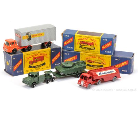 Matchbox Regular Wheel a group of Major Packs. (1) M2 Bedford TK Articulated Truck &amp; Trailer - orange tractor unit with s