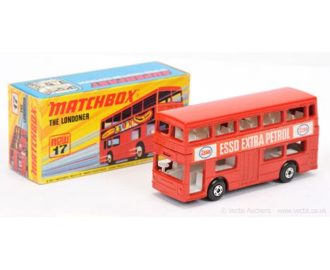 Matchbox Superfast 17b Daimler Fleetline Londoner Bus "Esso Extra Petrol" - brick red body, matt black base with axle braces,