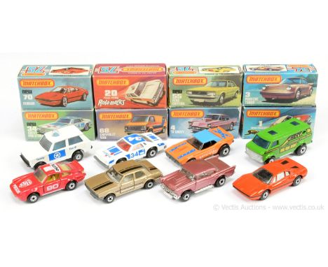 Matchbox Superfast group of early 1980's issue mostly Cars. (1) 1d Dodge Challenger Revin' Rebel Dragster - orange body with 