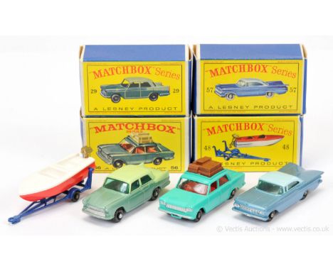 Matchbox Regular Wheels group of Cars &amp; Trailers.  (1) 29b Austin A55 Cambridge Saloon - two-tone green body without rear